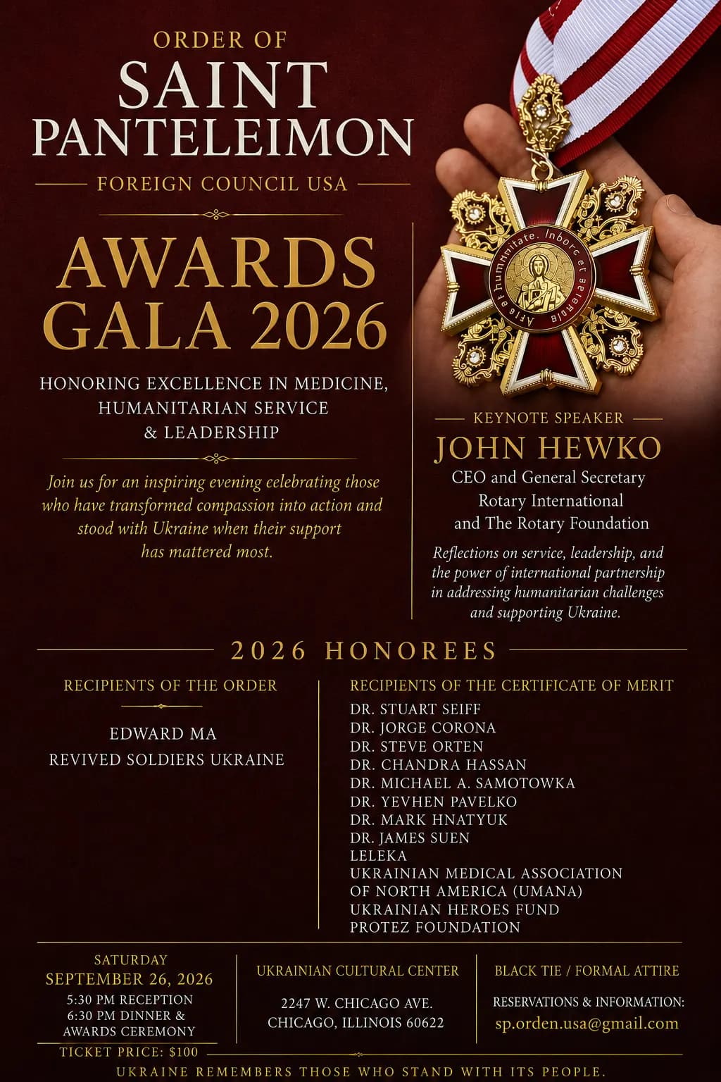 Honoring Those Who Stand with Ukrainian Healthcare: Order of Saint Panteleimon Awards Gala to Be Held in Chicago