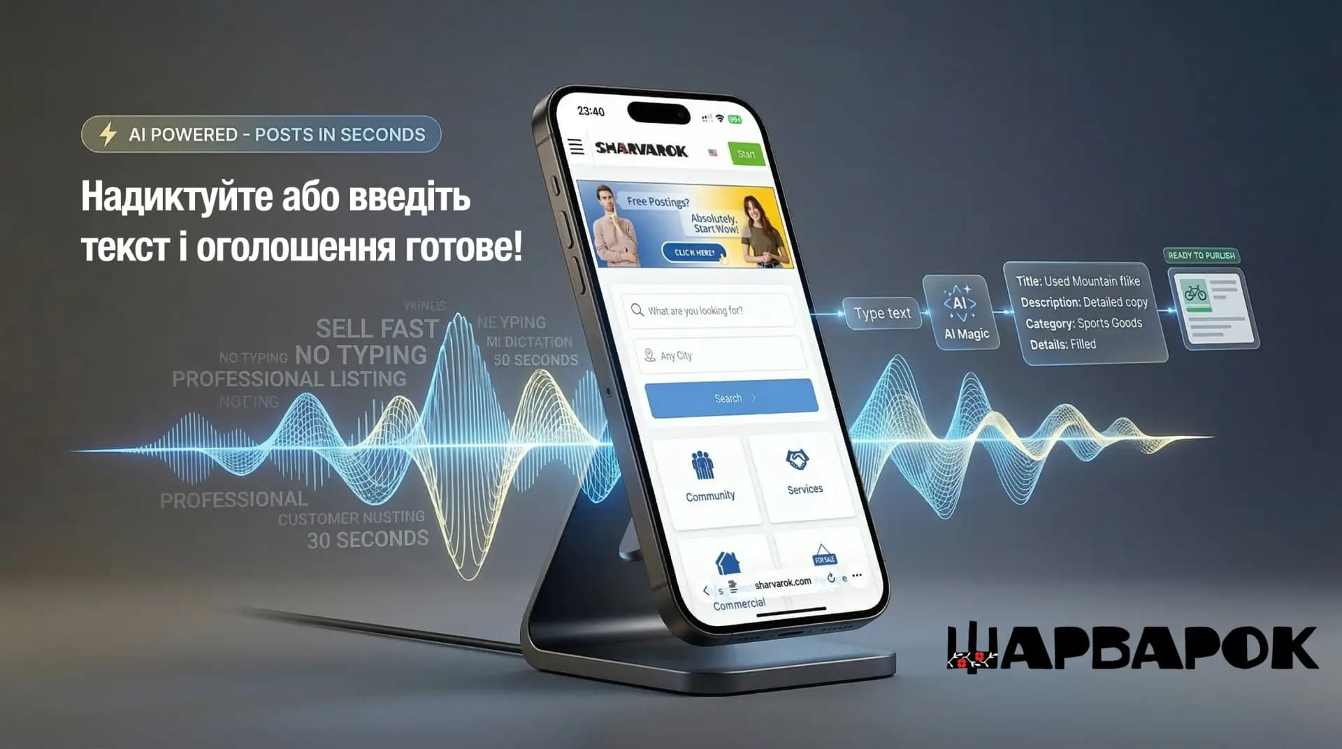 Досить вагатися. Час продавати. Запускай оголошення за 30 секунд із новим AI‑інструментом від Шарварок!